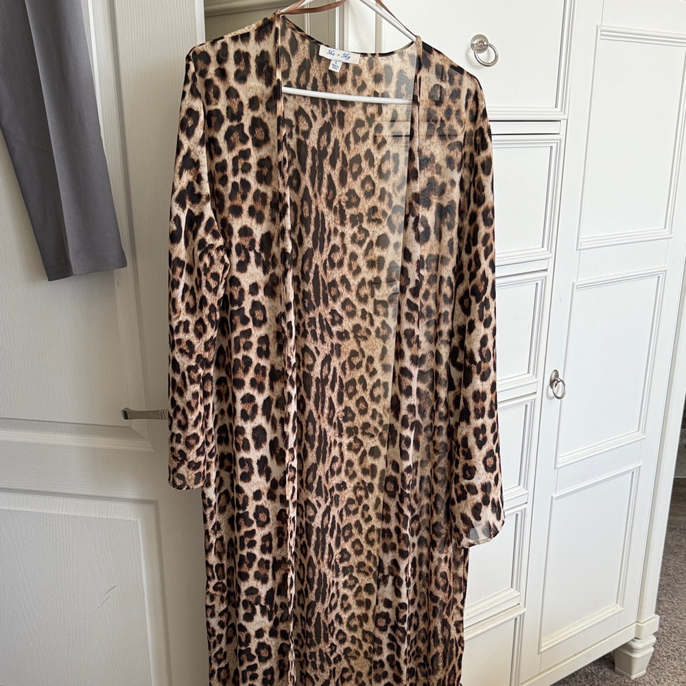 She + Sky Leopard Print Duster Sheer Cardigan - Brown, Tan
